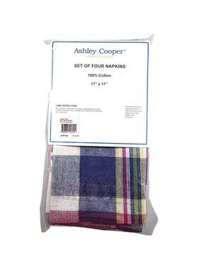 Set Of 4 Plaid Cotton Napkins Ashley Cooper Ardsley blue red green table linens